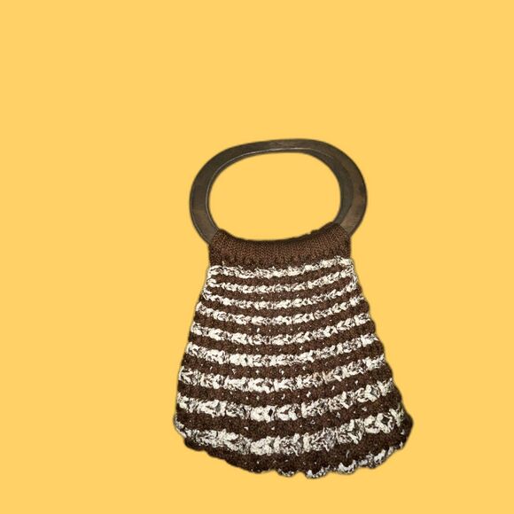 Boho Brown and White Striped Knit Handbag Wood Handle - Picture 1 of 4
